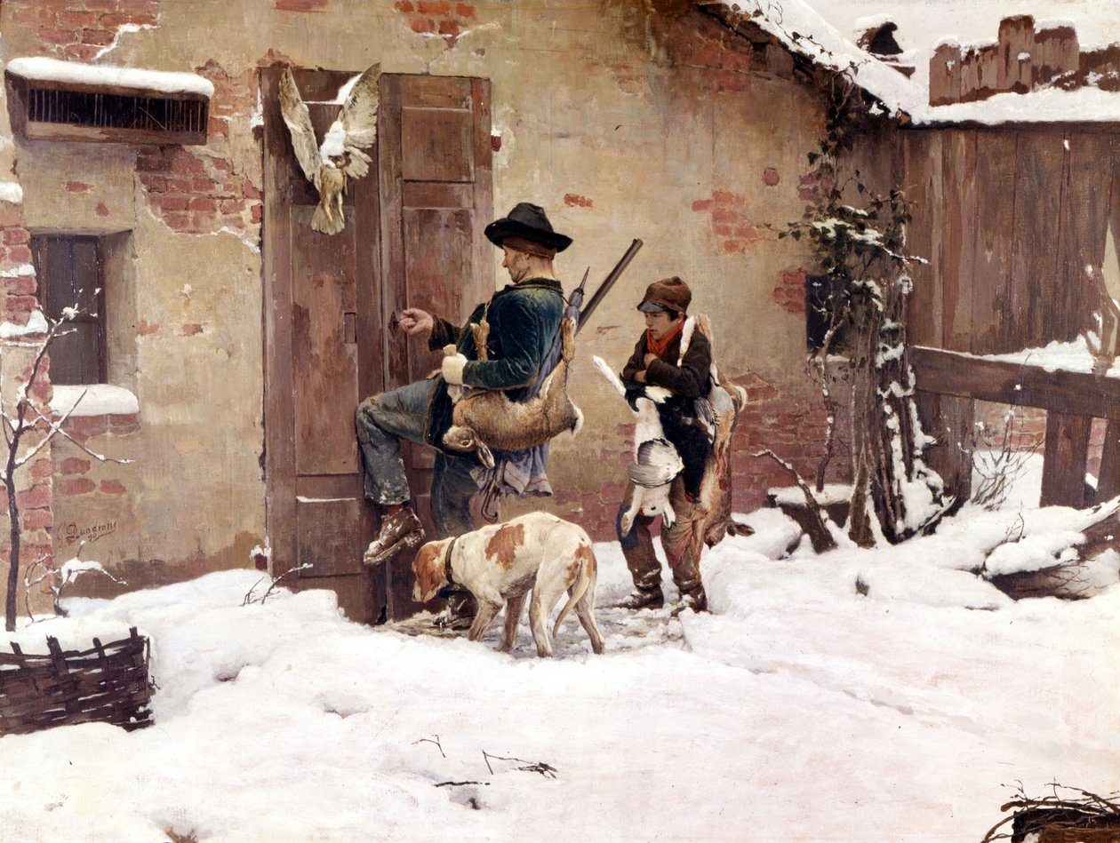 Takaisin metsästyksestä. G.Quadronen maalaus. 1890 Milano tekijältä Giovanni Battista Quadrone