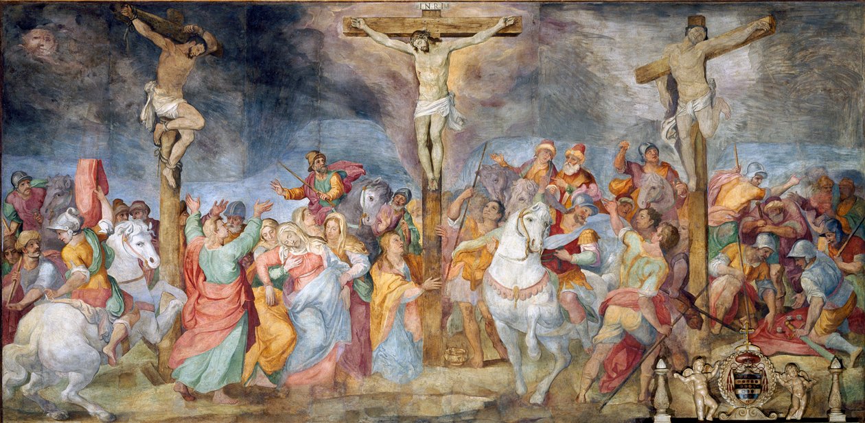 Crucifixion Inri (I.N.R.I.) -kirjoitus ristillä. Sivuilla hyvä varkaa (kutsutaan myös Saint Dismasiksi (tai Dysmas, Dimas, Dumas) ja pahaksi varkaaksi (Gesmas tai Gestas), kaksi varasta, jotka ristiinnaulittiin Jeesuksen Kristuksen kanssa. Fresko Giovanni  tekijältä Giovanni Battista Ricci