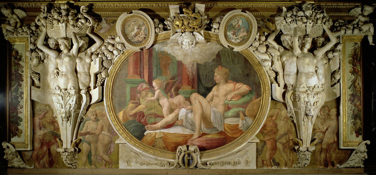 Danae, yksityiskohta Fransiskus I:n gallerian koristelujärjestelmästä, fresko 1530-40. tekijältä Giovanni Battista Rosso Fiorentino
