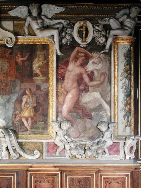 Naishahmo hevosen kanssa, Francis I:n galleria, 1530-40 tekijältä Giovanni Battista Rosso Fiorentino