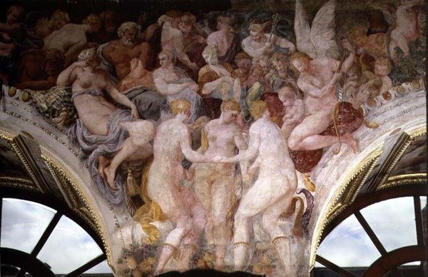 Goddess Dancing, yksityiskohta koristeellisesta kuviosta Francis I:n galleriassa tekijältä Giovanni Battista Rosso Fiorentino