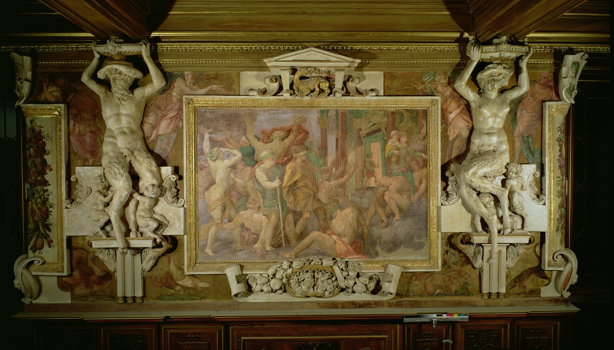 Hunting out Ignorance, yksityiskohta Fransiskus I:n gallerian koristelujärjestelmästä, 1530-40 fresko ja stukki. tekijältä Giovanni Battista Rosso Fiorentino