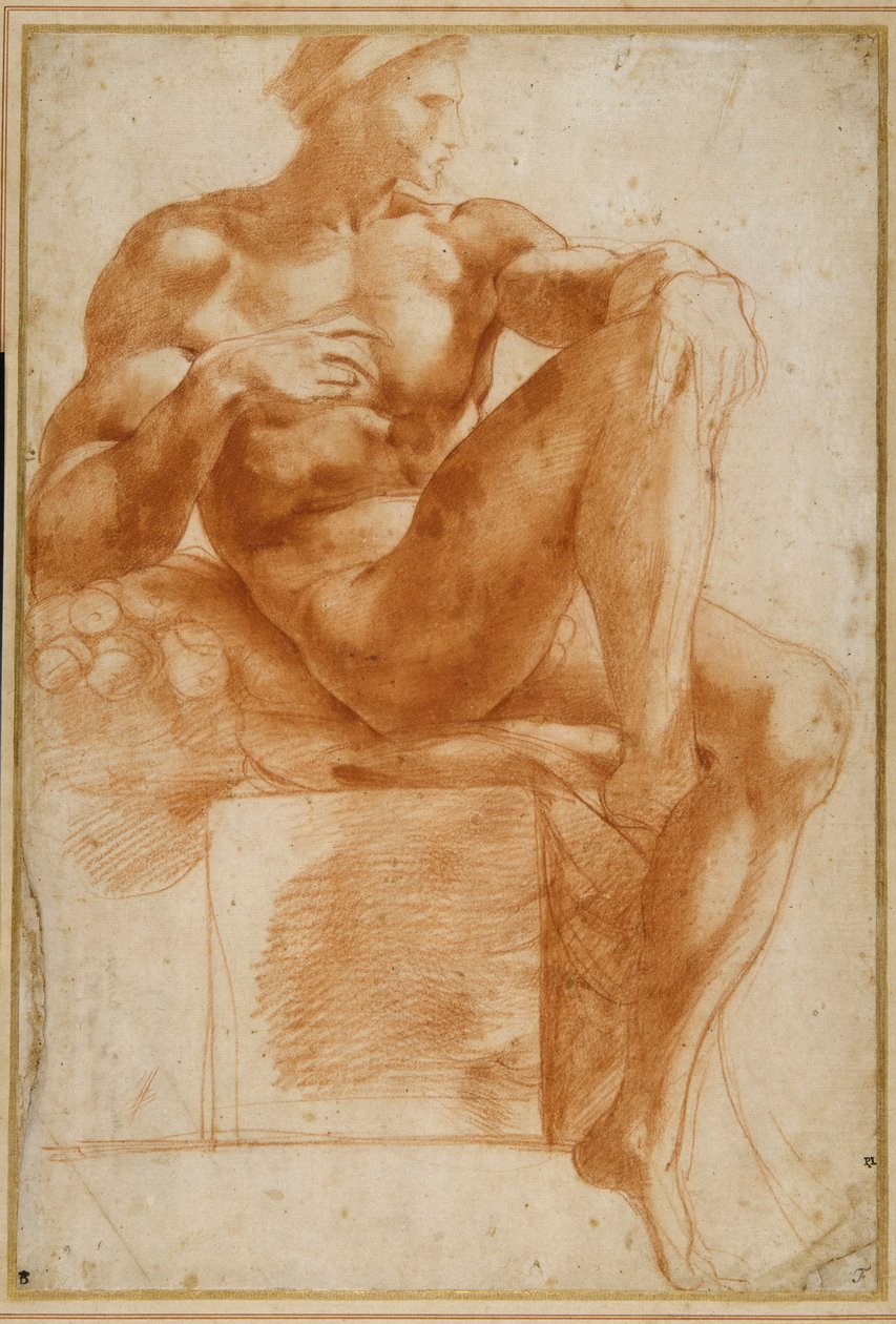 Ignudo Sikstuksen holvissa (punainen liitu kermapaperilla) tekijältä Giovanni Battista Rosso Fiorentino