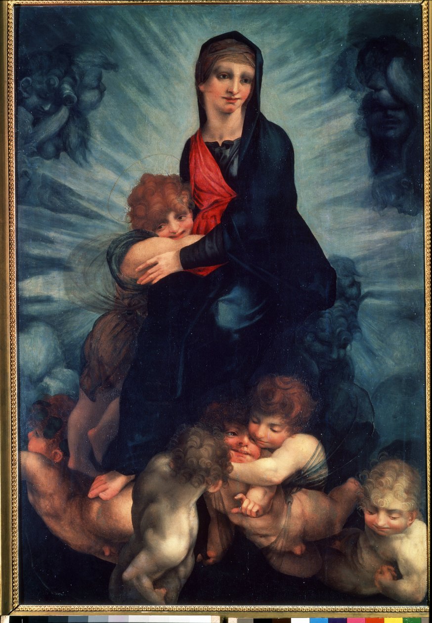 Neitsyt ja lapsi enkelien kanssa (Neitsyt ja lapsi enkelien kanssa). Fiorentino Rosson (1495-1540) maalaus. Öljy kankaalle tekijältä Giovanni Battista Rosso Fiorentino