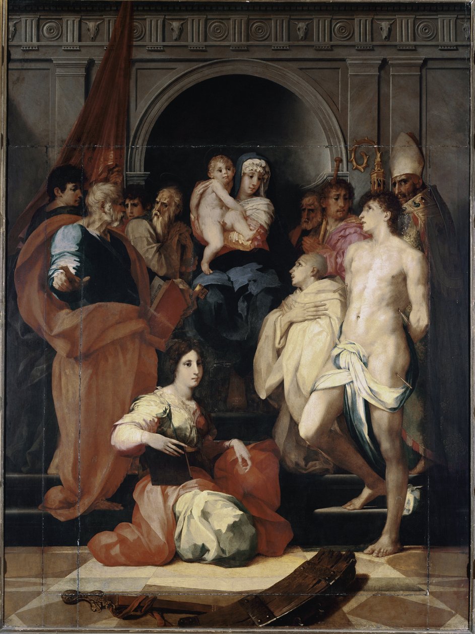 Madonnalla valtaistuimella on lapsi ja pyhät (öljy kankaalle tekijältä Giovanni Battista Rosso Fiorentino