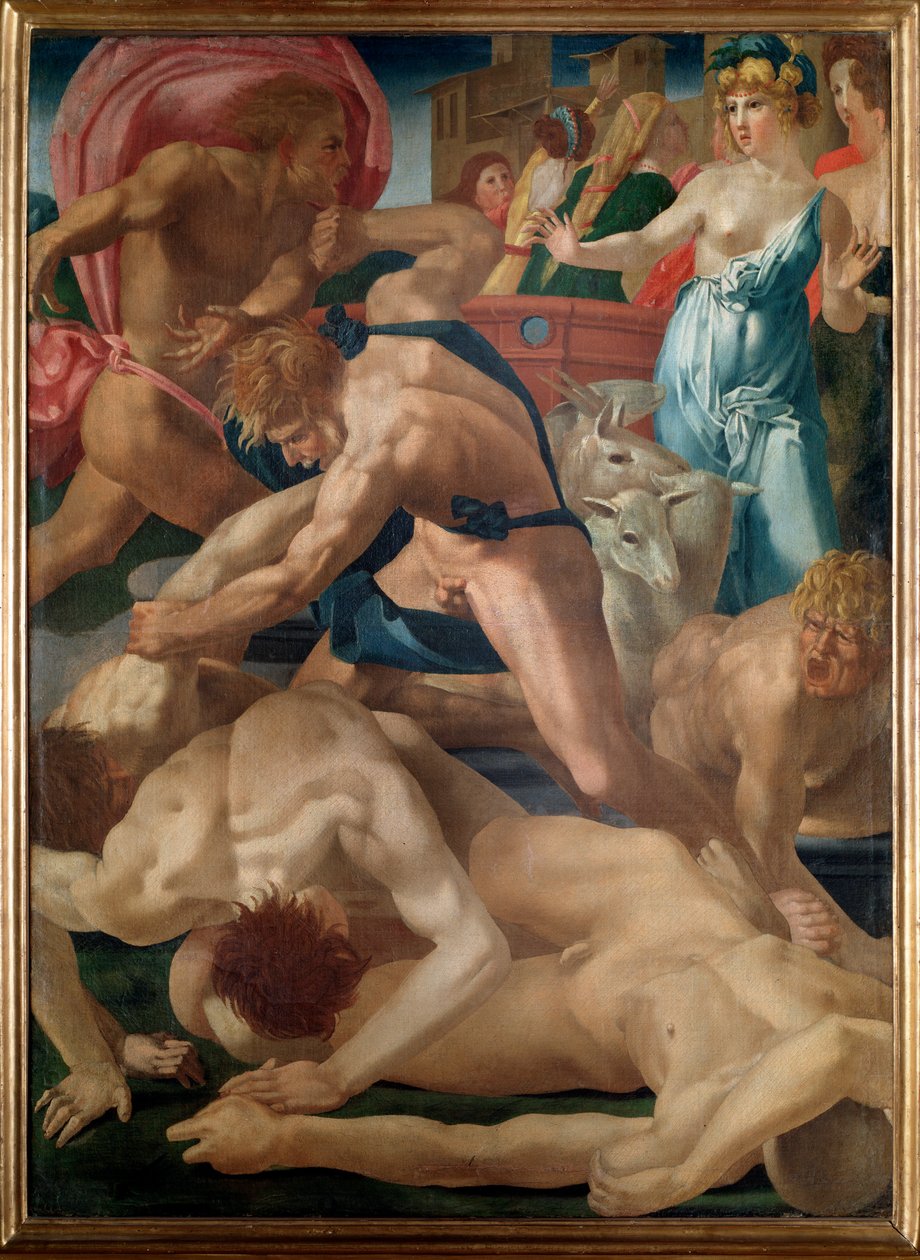 Mooses puolustaa Jetron tyttäriä - öljy kankaalle tekijältä Giovanni Battista Rosso Fiorentino