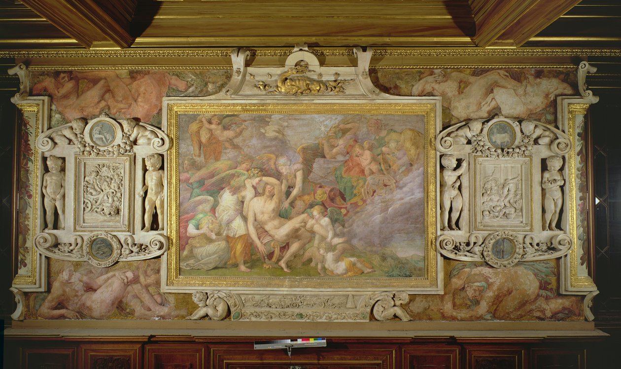 Adoniksen kuolema, yksityiskohta Fransiskus I:n gallerian koristelujärjestelmästä, 1530-40 fresko ja stukki. tekijältä Giovanni Battista Rosso Fiorentino