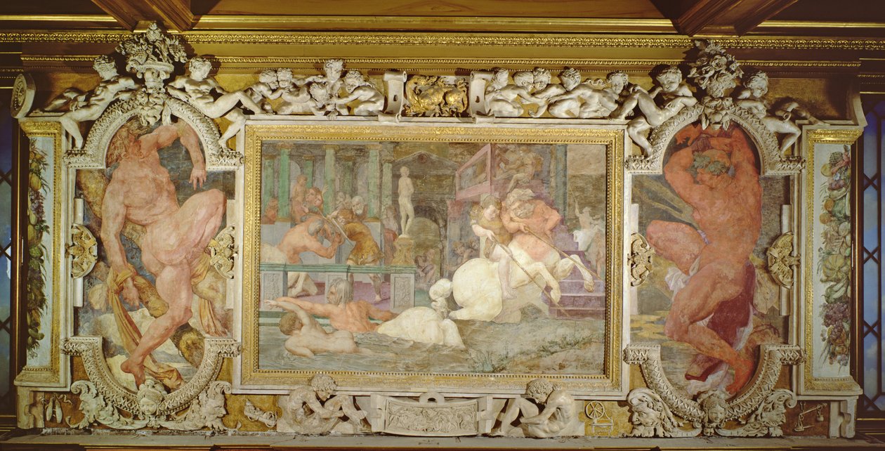 Akhilleuksen kasvatus, yksityiskohta Fransiskus I:n gallerian koristelujärjestelmästä, 1530-40 fresko ja stukki, ks. myös 210355. tekijältä Giovanni Battista Rosso Fiorentino