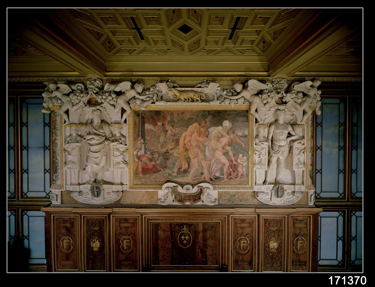 Troijan tai Catanian ryöstäminen, yksityiskohta Francis I:n gallerian koristekuviosta (1494-1547) 1535-40 (fresko ja stukko) tekijältä Giovanni Battista Rosso Fiorentino