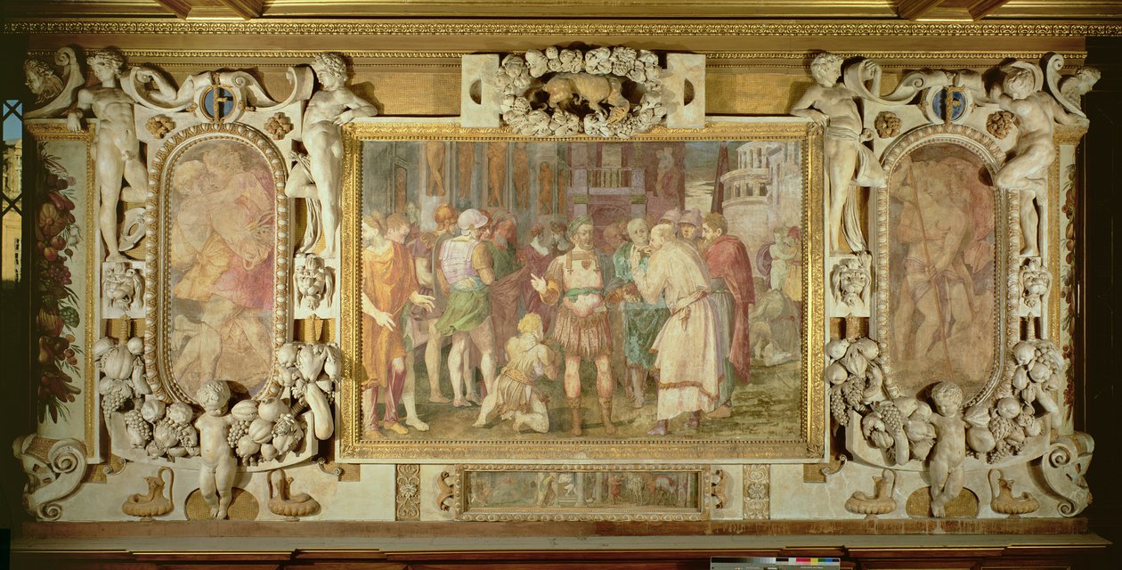 Valtion yhdistyminen, yksityiskohta Fransiskus I:n gallerian koristelujärjestelmästä, 1530-40 fresko ja stukki. tekijältä Giovanni Battista Rosso Fiorentino