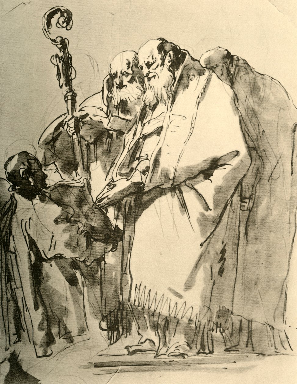 Piispa, kaksi muuta pappia ja diakoni rituaalin kanssa, 1740-luku, 1928 tekijältä Giovanni Battista Tiepolo