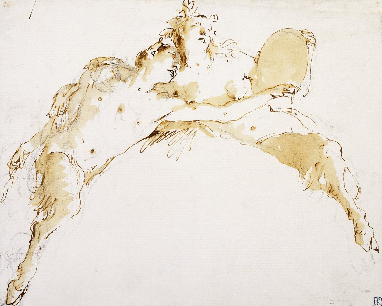 Faun, hänen vasen kätensä ojennettuna, ja fauness, jolla on tamburi, tekijältä Giovanni Battista Tiepolo