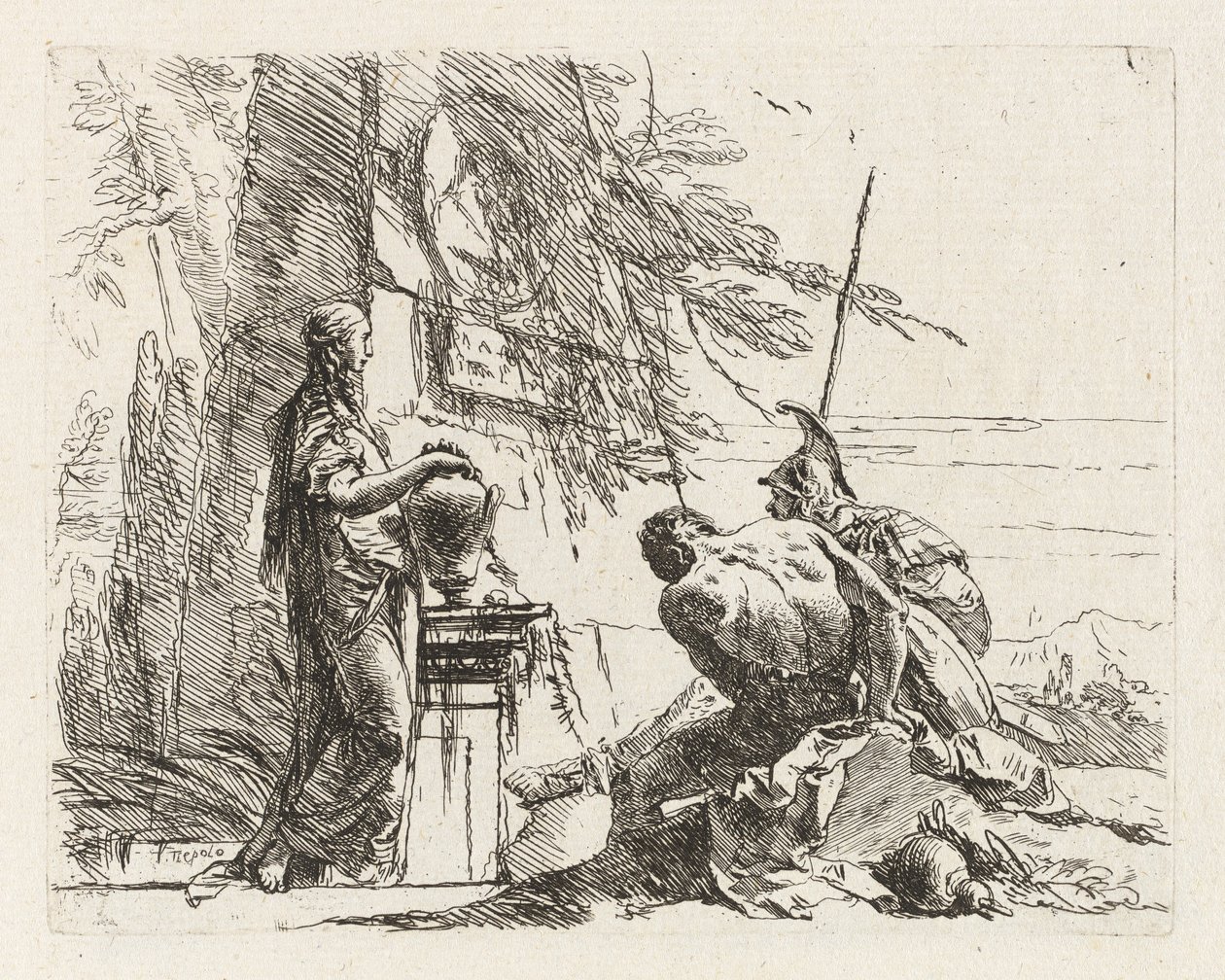 Nainen kädet maljakossa, sotilas ja orja, Vari capricci (Various Capriccios) tekijältä Giovanni Battista Tiepolo