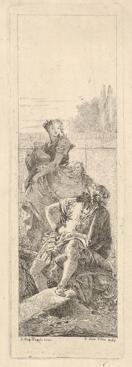 Parrakas, istuva mies katsoo oikean olkapäänsä yli kohti lasta ja naista, jossa on..., n. 1750-55. tekijältä Giovanni Battista Tiepolo