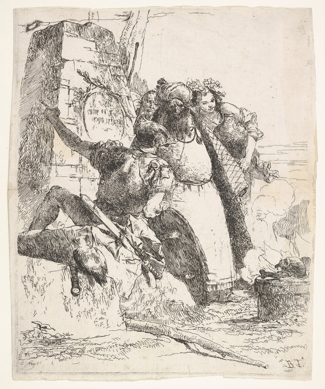 Nekromantian kohtaus: nainen, jolla on alus, turbaani mies ja sotilaan katse..., n. 1743-57. tekijältä Giovanni Battista Tiepolo