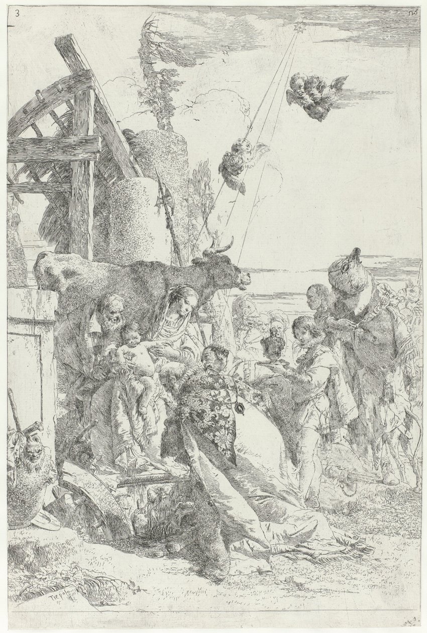 Kolmen kuninkaan Kristuksen lapsen palvonta Scherzi di fantasia (sarjan nimi) tekijältä Giovanni Battista Tiepolo