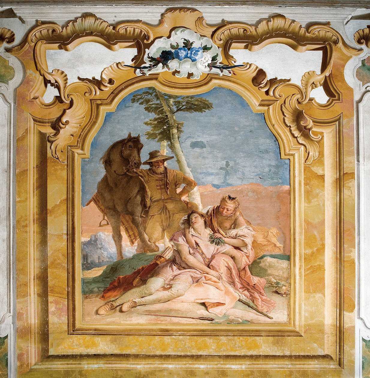 Angelica tulossa avuksi haavoittuneelle Medorolle, Orlando Furioson huoneesta Palazzinassa, 1757 tekijältä Giovanni Battista Tiepolo