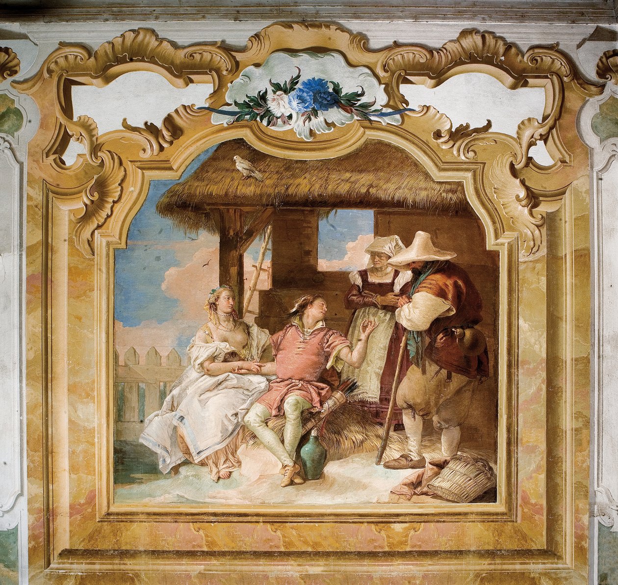 Angelica ja Medoro jättävät talonpoikien lomalle, Orlando Furioson huoneesta Palazzinassa, 1757 tekijältä Giovanni Battista Tiepolo