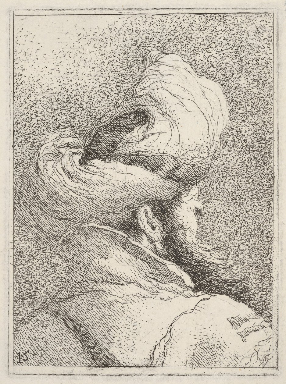 Parrakas mies turbaanissa, kuvattu rintojen pituudelta takaapäin kolme neljäsosaa vi..., n. 1770. tekijältä Giovanni Battista Tiepolo