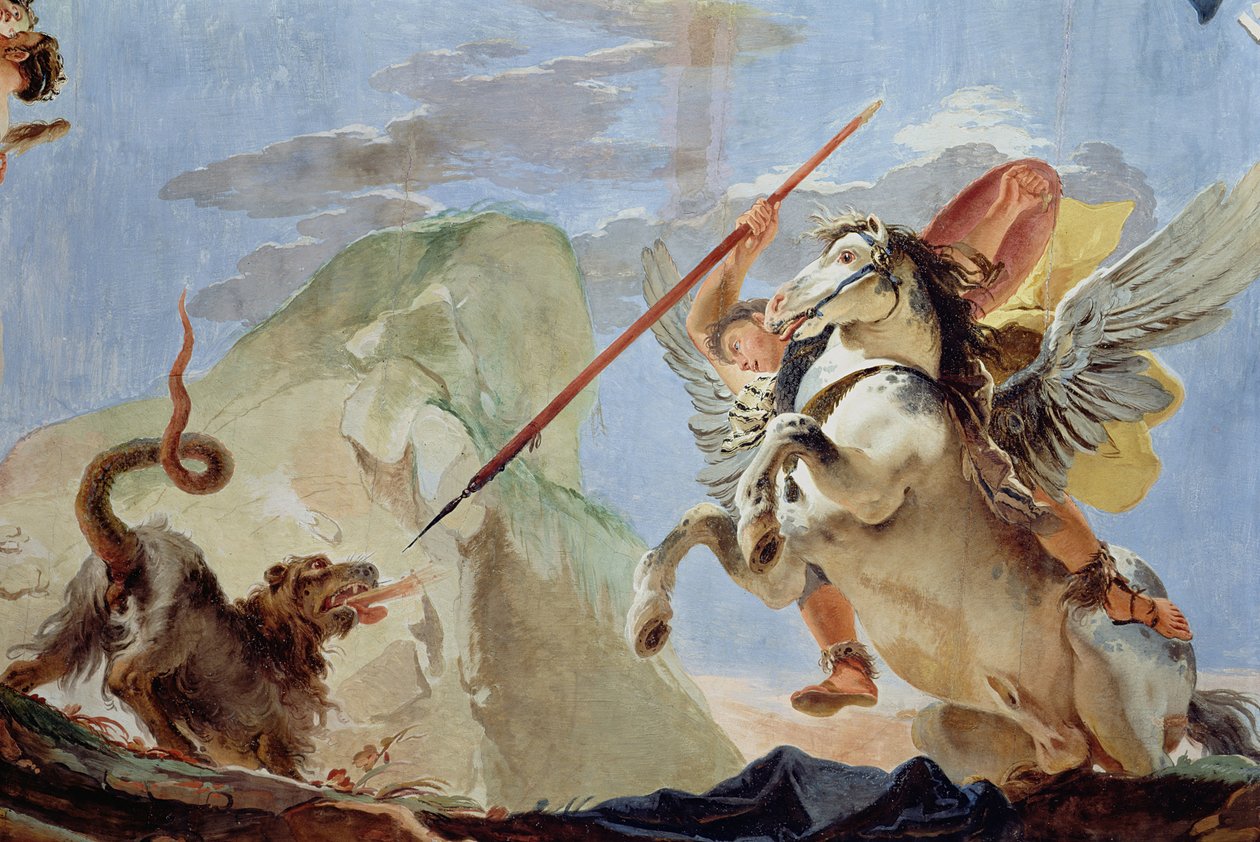 Bellerophon Pegasoksella ratsastaen surmaamassa khimairaa, yksityiskohta kattofreskosta ks. myös 64554. tekijältä Giovanni Battista Tiepolo