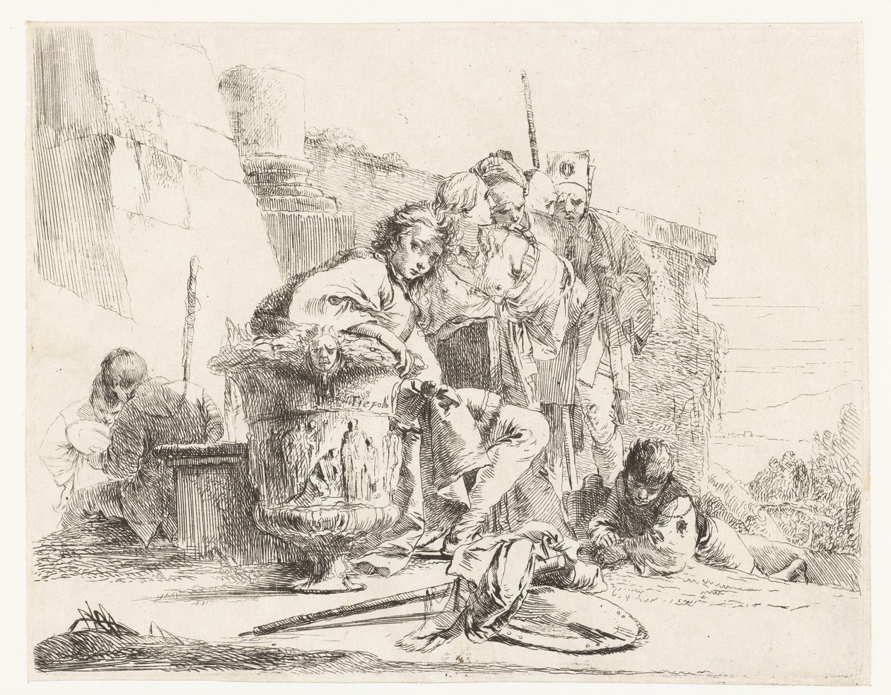Poika istuu maljakon vieressä muiden ihmisten kanssa tekijältä Giovanni Battista Tiepolo