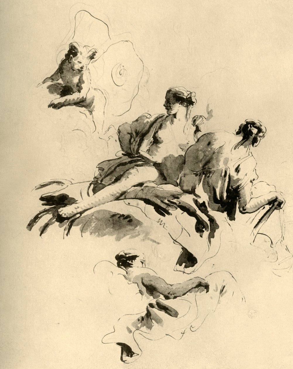 Amor ja kolme naista, 1700-luvun puoliväli, 1928 tekijältä Giovanni Battista Tiepolo