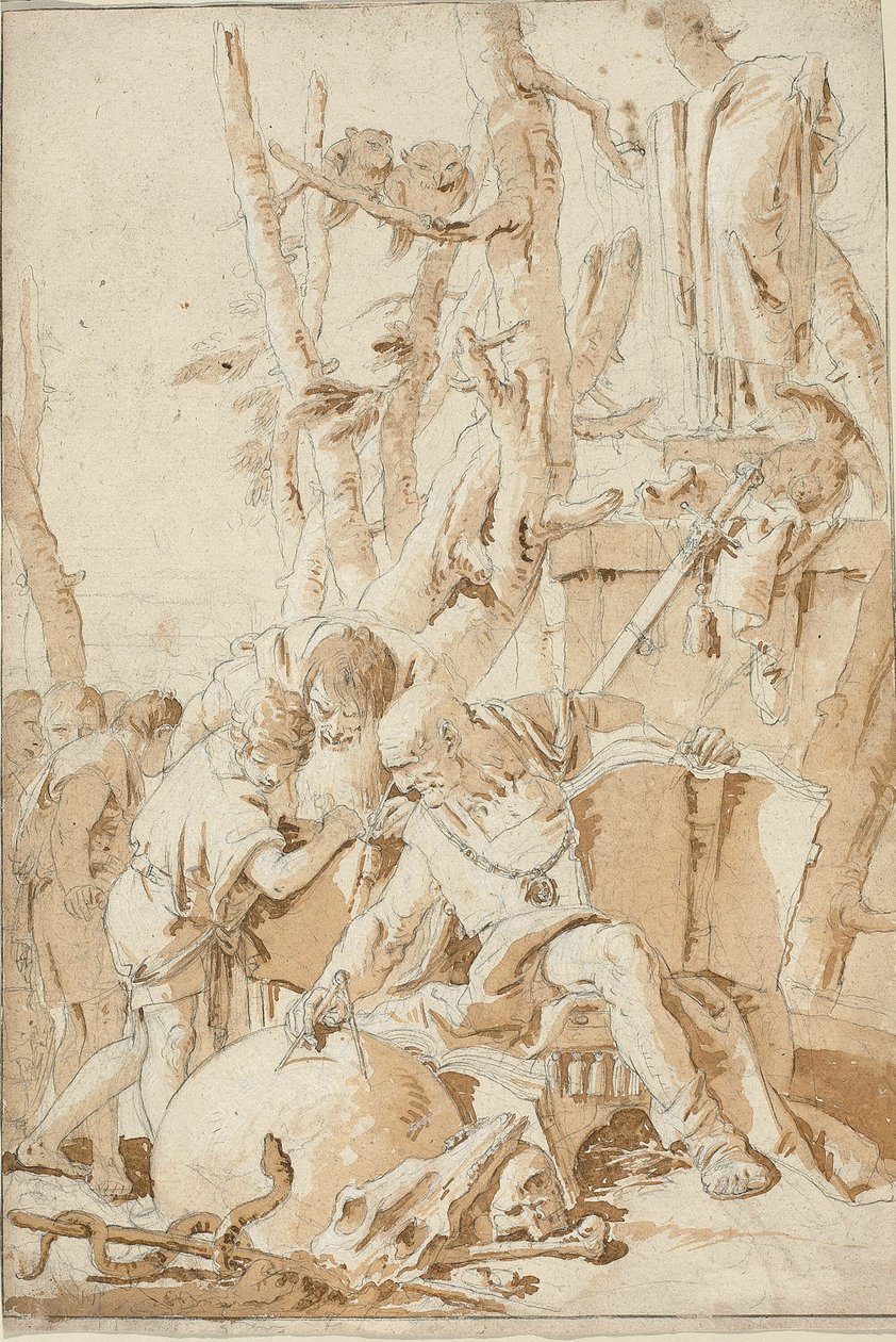 Demokritos ja Herakleitos nauravat ja surkuttelevat maailman hullutuksia kohtaan. tekijältä Giovanni Battista Tiepolo