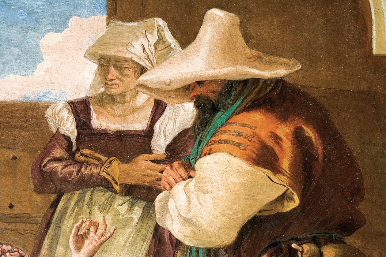 Yksityiskohta Angelican ja Medoron talonpoikien lomasta, Orlando Furioson huoneesta Palazzinassa, 1757 tekijältä Giovanni Battista Tiepolo