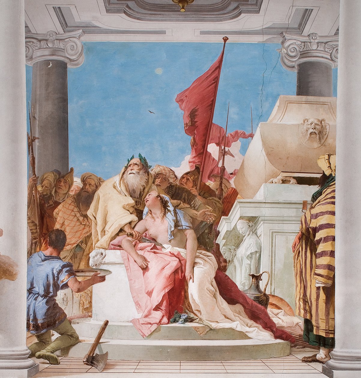 Yksityiskohta Iphigenian uhrauksesta Palazzinan sisääntuloaulassa, 1757 tekijältä Giovanni Battista Tiepolo