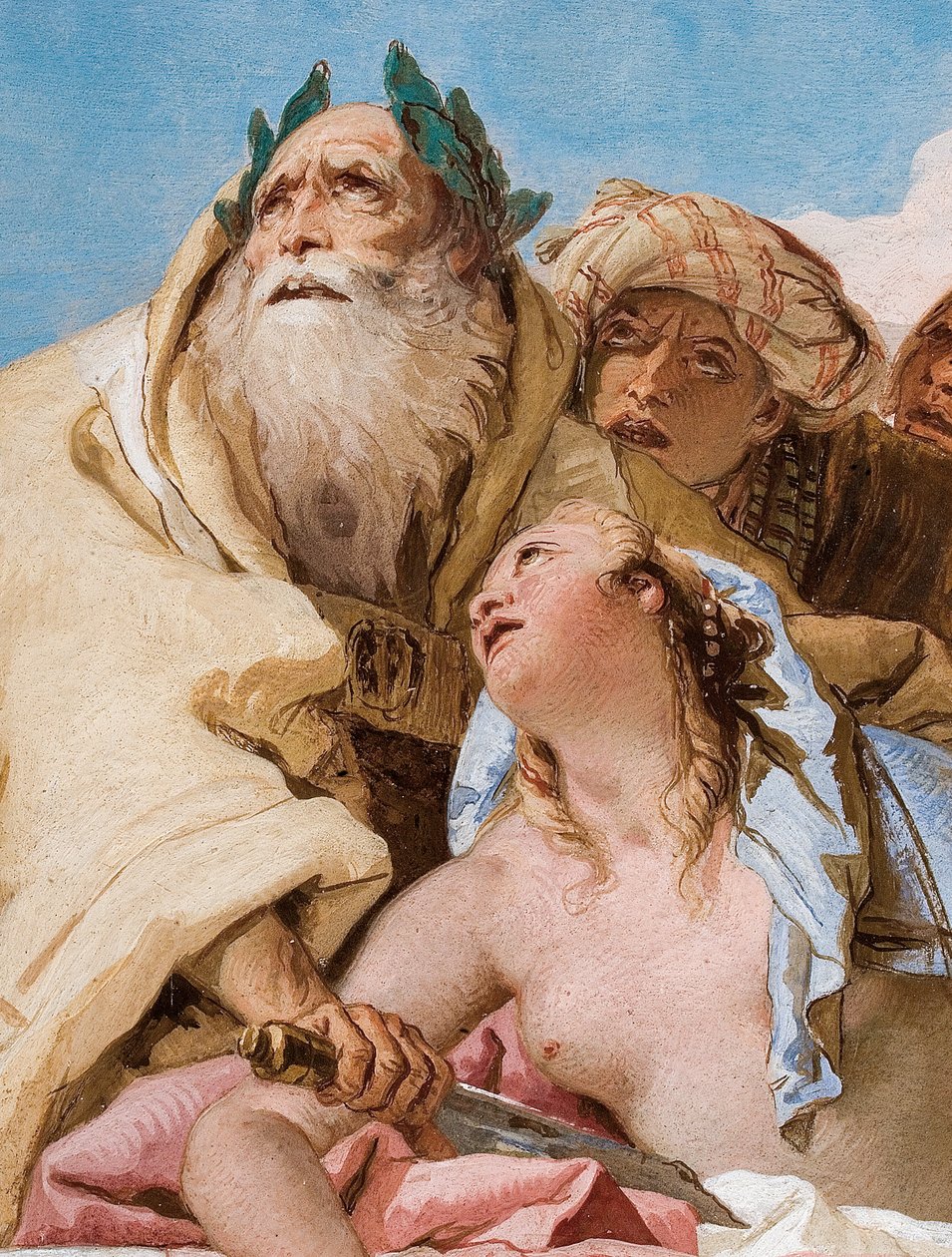 Yksityiskohta Calchasista ja Iphigeniasta Iphigenian uhrauksesta Palazzinan sisääntuloaulassa, 1757 tekijältä Giovanni Battista Tiepolo