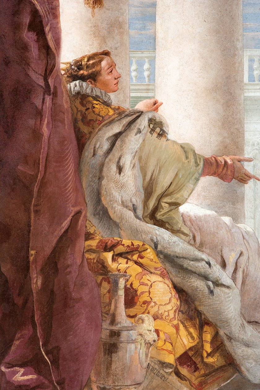 Yksityiskohta Didosta, Aeneid esittelee Cupidon, naamioituneena Ascaniukseksi, Didolle, Aeneidin huoneesta Palazzinassa, 1757 tekijältä Giovanni Battista Tiepolo