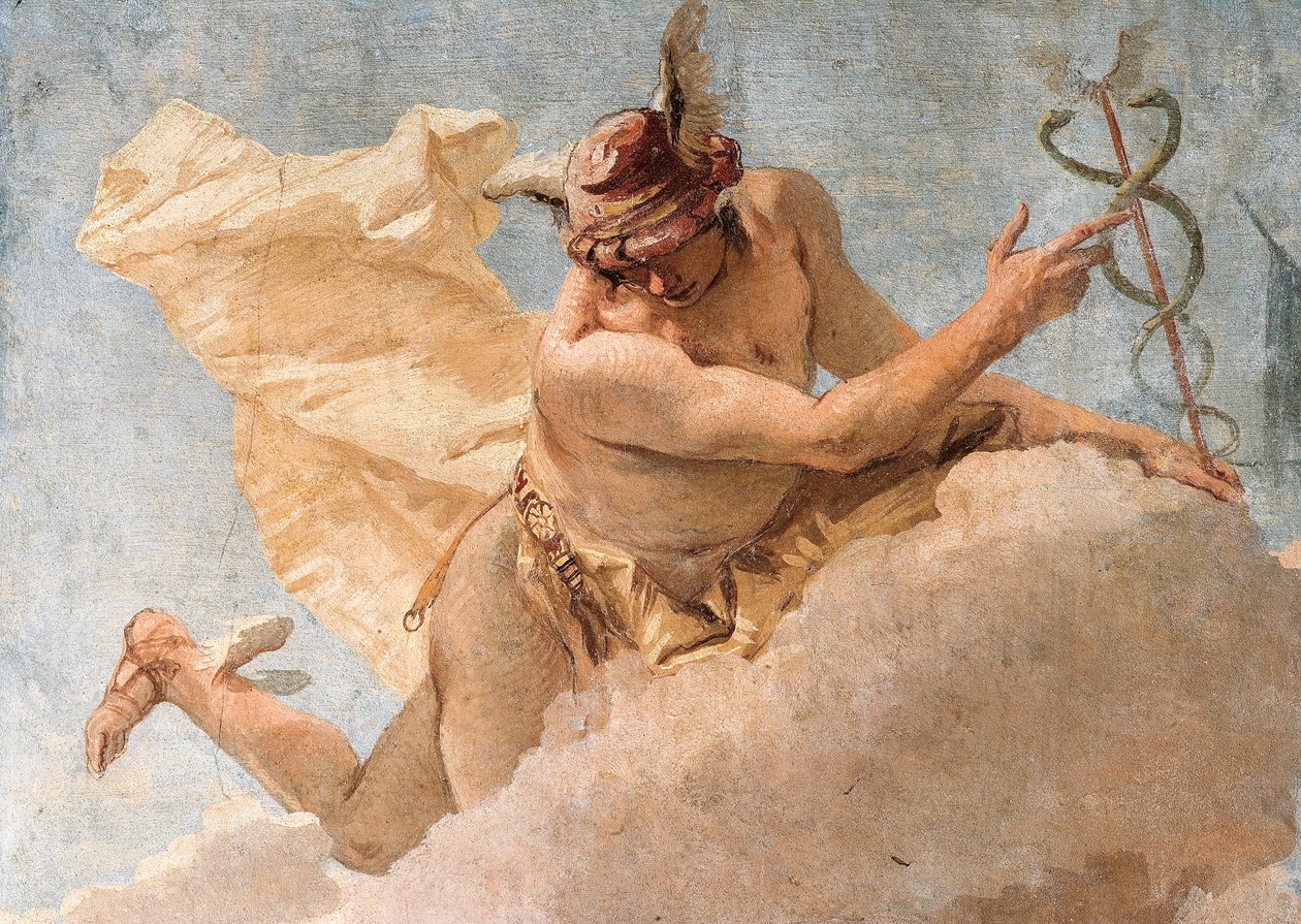 Yksityiskohta Merkuriuksesta, Merkuriuksesta, joka kehottaa Aeneasta lähtemään Karthagosta, Aeneis-huoneesta Palazzinassa, 1757 tekijältä Giovanni Battista Tiepolo