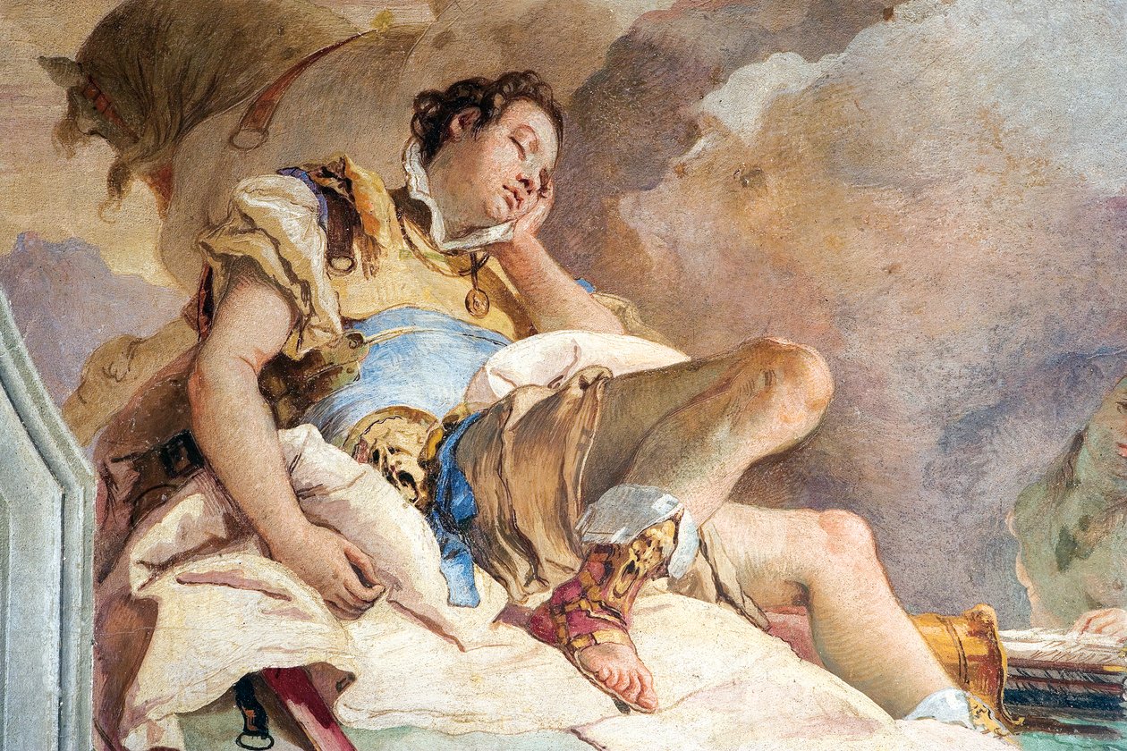 Yksityiskohta Rinaldosta, Armidalta, joka sieppaa nukkuvaa Rinaldoa, Jerusalemin huoneesta, toimitettu Palazzinassa, 1757 tekijältä Giovanni Battista Tiepolo