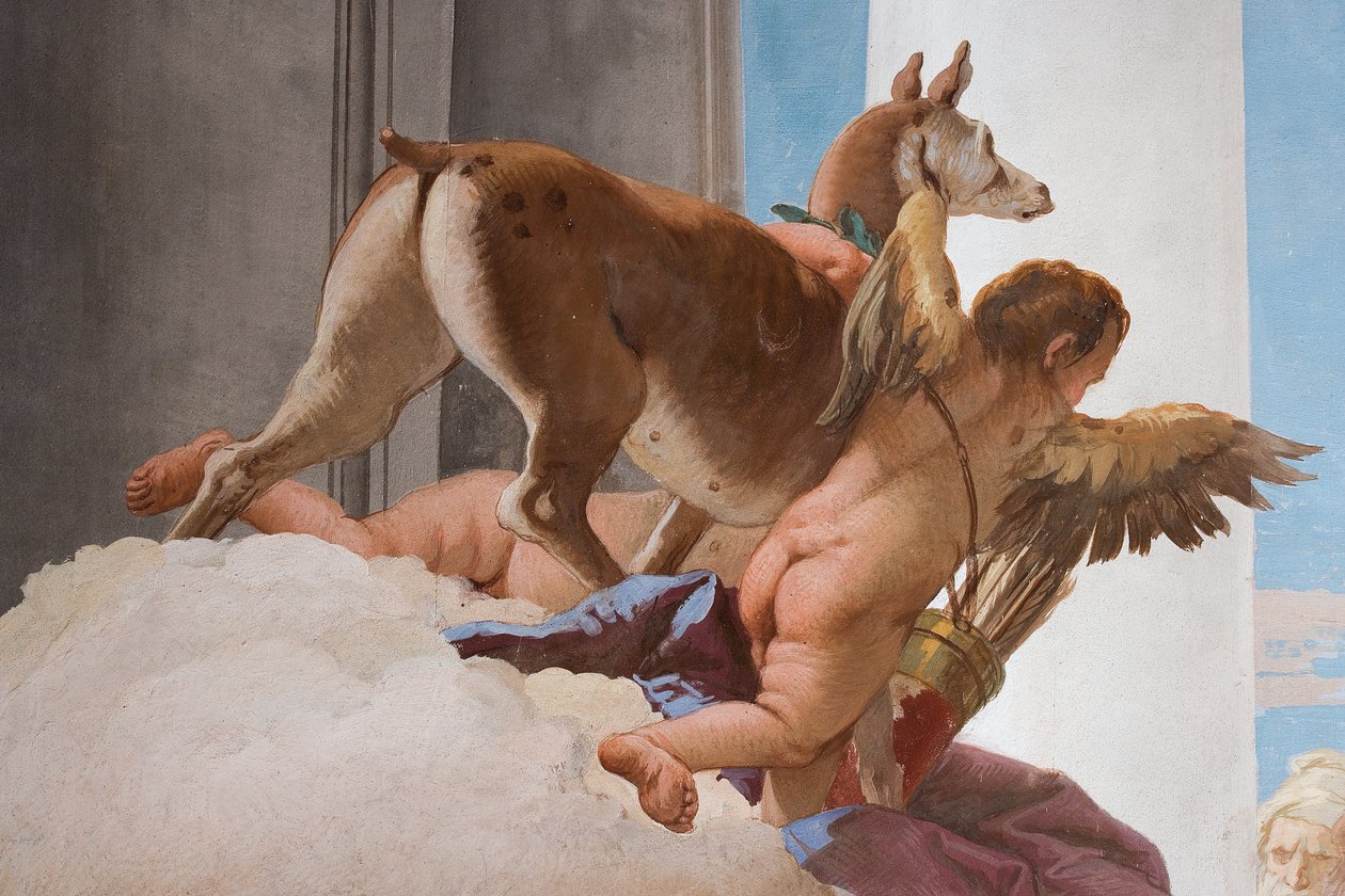 Yksityiskohta uhritakasta Iphigenian uhrauksesta Palazzinan sisääntuloaulassa, 1757 tekijältä Giovanni Battista Tiepolo