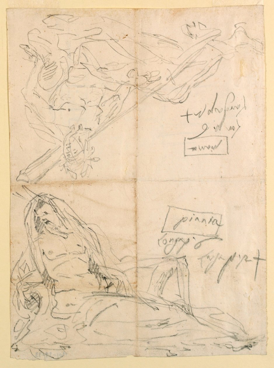 Piirros, Kaksi luonnosta jokijumalista, n. 1750. tekijältä Giovanni Battista Tiepolo
