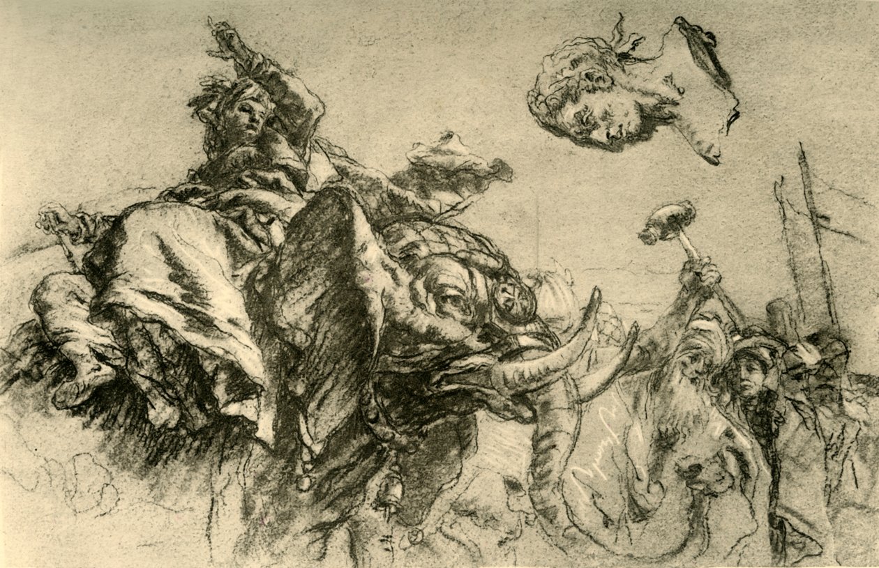 Itämainen nainen norsulla. Rooman keisarin rintakuva, 1752-1753, 1928 tekijältä Giovanni Battista Tiepolo