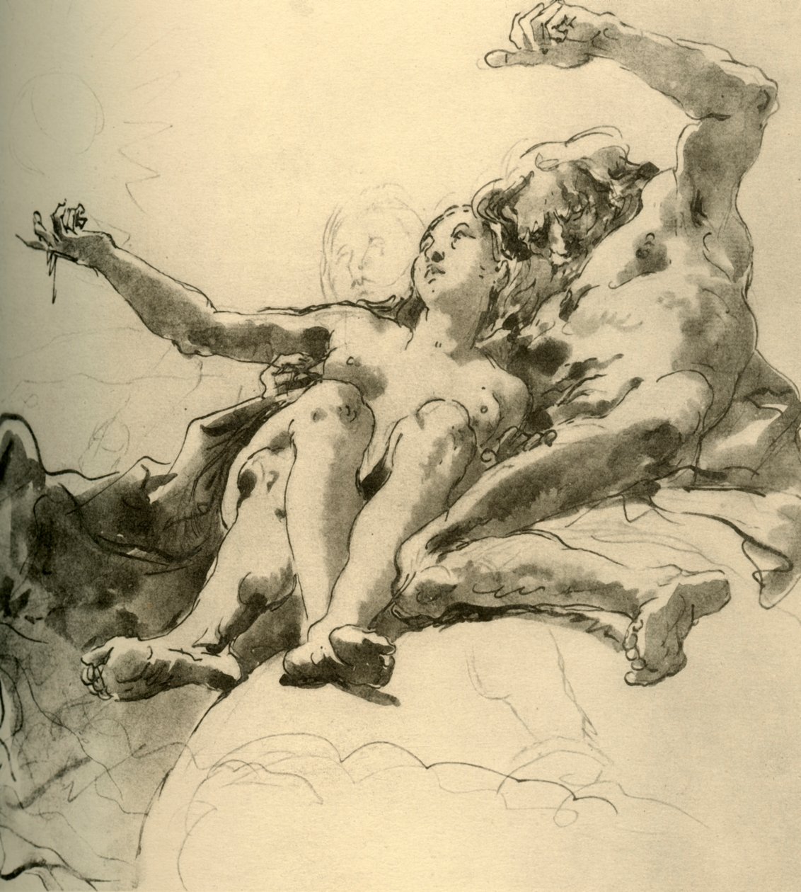 Vanhempi mies nuoren naisen vieressä, joka osoittaa aurinkoa kohti, 1700-luvun puoliväli, 1928 tekijältä Giovanni Battista Tiepolo