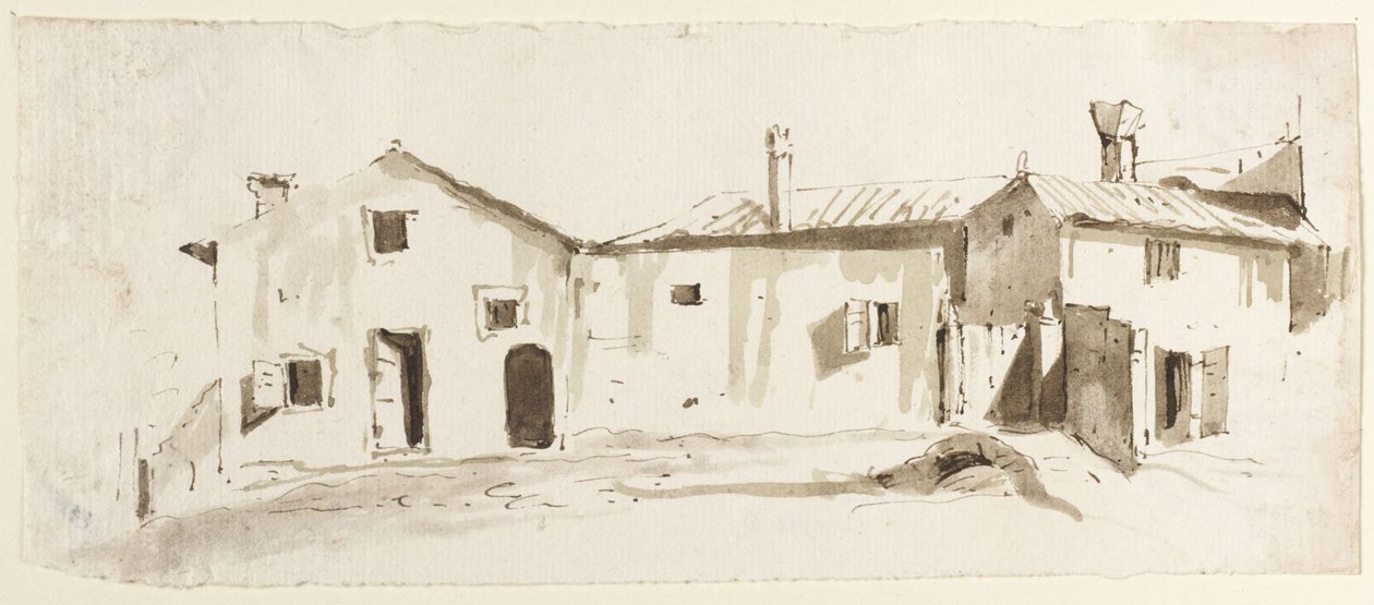 Maatilarakennuksia avoimine ovineen, silta ja portti tekijältä Giovanni Battista Tiepolo