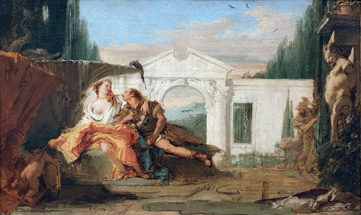 Saksan kieli:  Rinaldo und Armida im Zaubergarten Armidas, von Carlo und Ubaldo belauscht Rinaldo ja Armida Armidan taikapuutarhassa, Carlo ja Ubaldo kuuntelemassa. tekijältä Giovanni Battista Tiepolo
