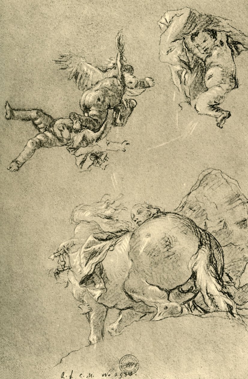 Leijuvat Cupidit ja yksi horaista aurinkoratsun kanssa, 1752-1753, 1928 tekijältä Giovanni Battista Tiepolo