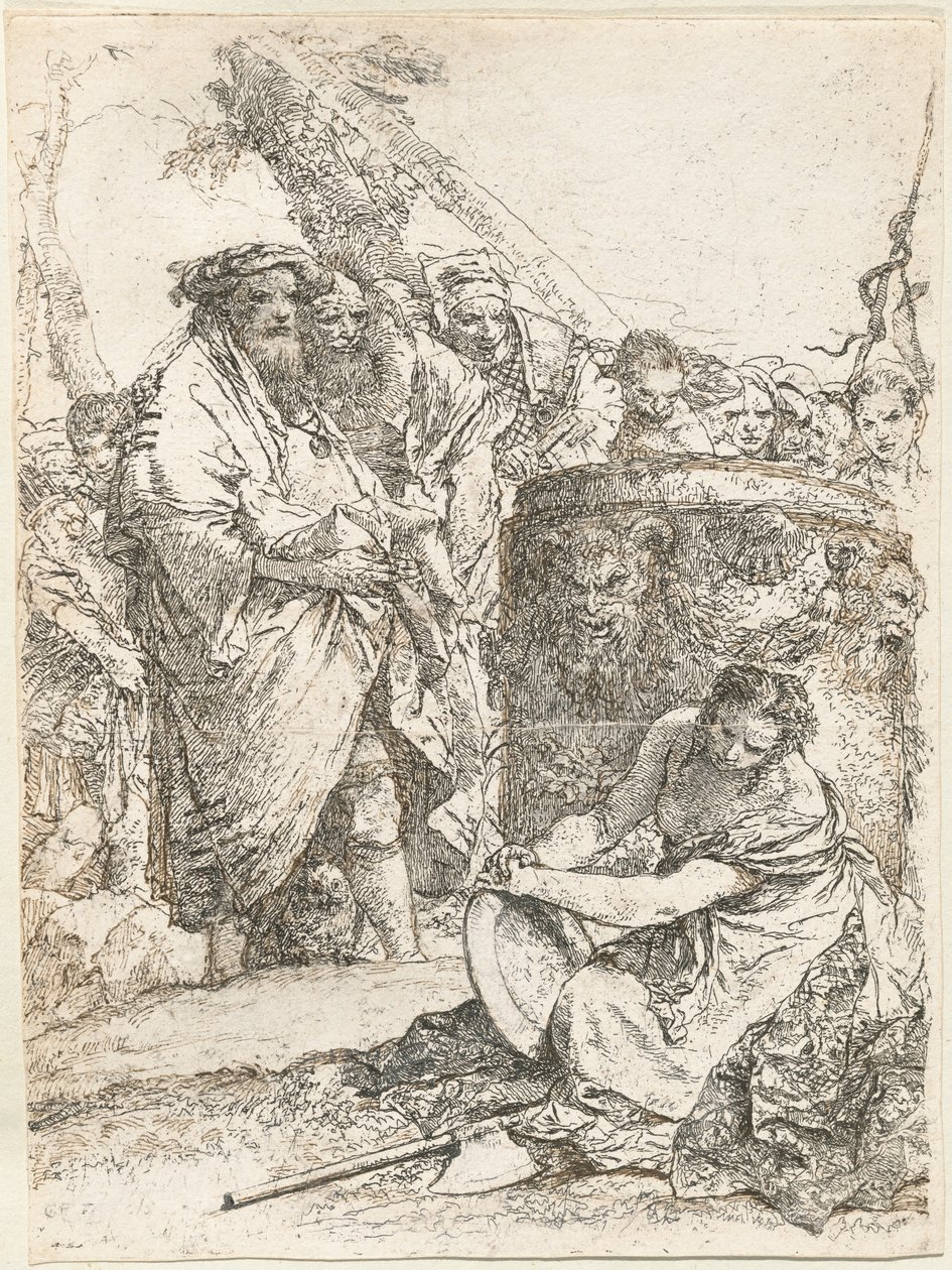 Taikuri ja muut hahmot palavan alttarin edessä, jossa on pääkallo ja luut tekijältä Giovanni Battista Tiepolo