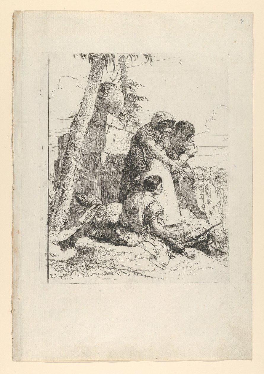 Taikuri osoittaa palavaa päätä kahdelle nuorelle, Scherzistä, n. 1743-50. tekijältä Giovanni Battista Tiepolo