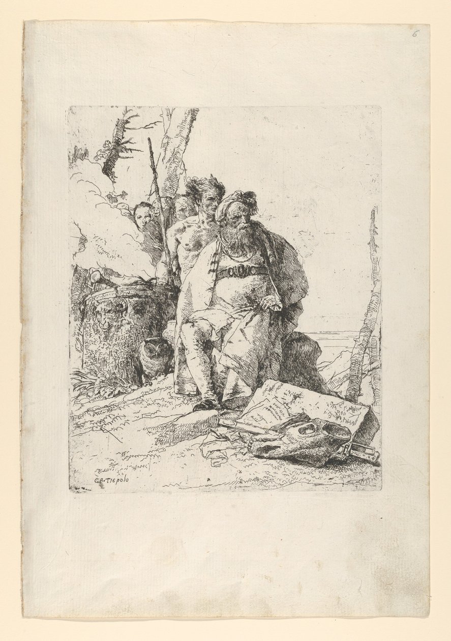 Taikuri neljän hahmon kanssa savuavan alttarin lähellä, Scherzistä, n. 1743-52. tekijältä Giovanni Battista Tiepolo