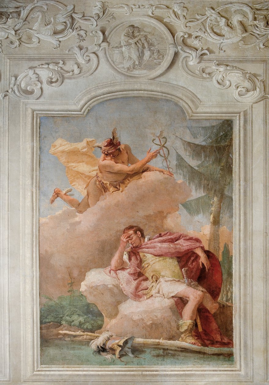 Merkurius kehotti Aeneasta lähtemään Karthagosta Aeneis-huoneesta Palazzinassa, 1757 tekijältä Giovanni Battista Tiepolo