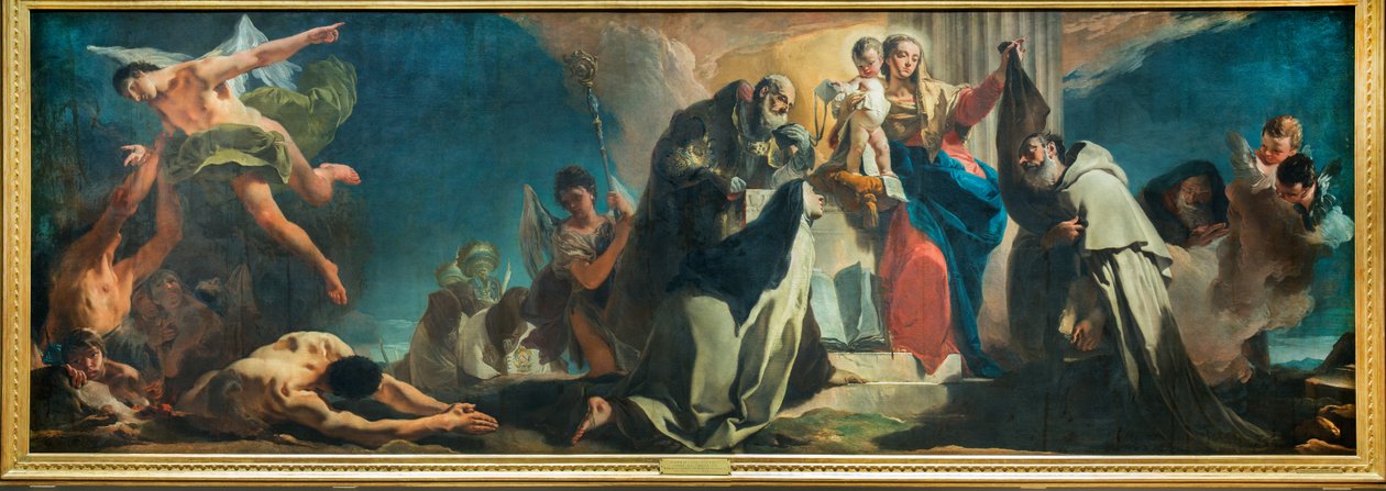 Karmelin Neitsyt Marian pyhien joukossa Simon Stock, Teresa Avilalainen, Albert Vercelli, profeetta Elia ja Kiirastuli sielut, 1745 tekijältä Giovanni Battista Tiepolo