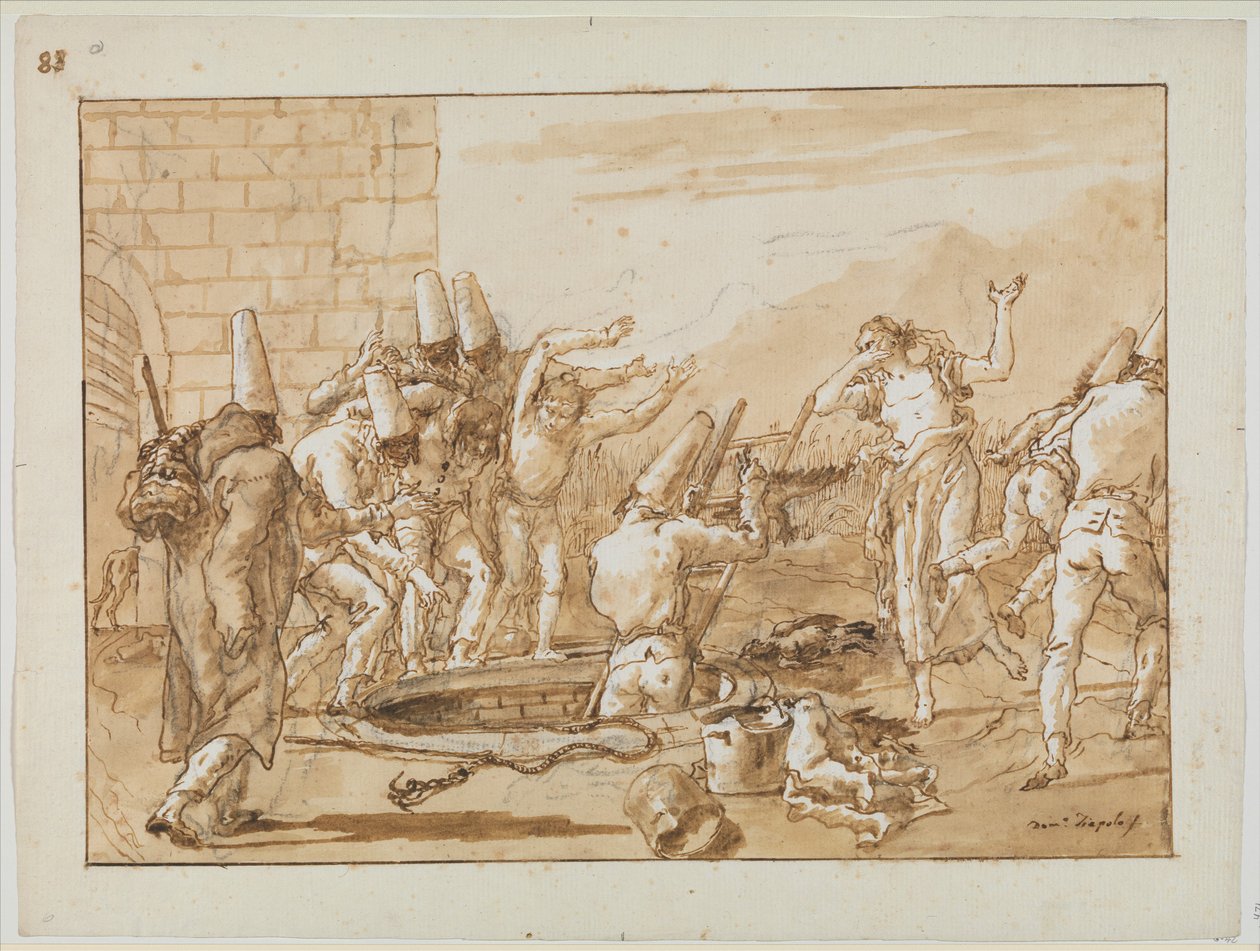 Punchinello hakemassa kuolleita lintuja kaivosta, n. 1800 tekijältä Giovanni Battista Tiepolo