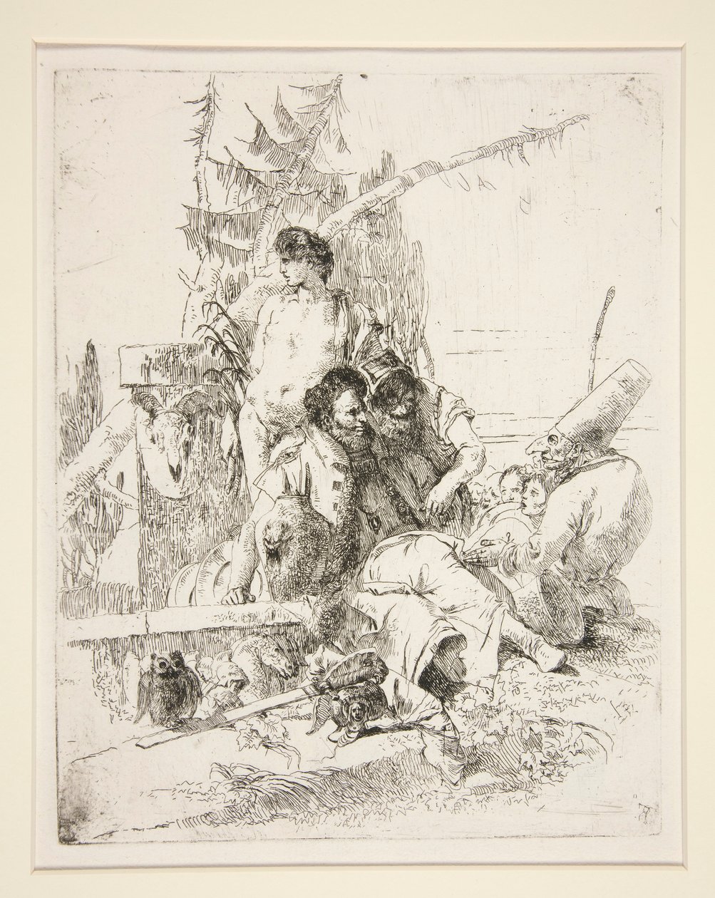 Punchinello puhuu kahdelle taikurille sarjasta Scherzi di Fantasia tekijältä Giovanni Battista Tiepolo