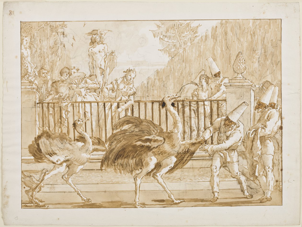 Punchinello strutsien kanssa, n. 1800 (kynä ja vaaleanruskea muste (luultavasti bistre) ja sivellinpesu mustalla liidulla levitetylle paperille) tekijältä Giovanni Battista Tiepolo