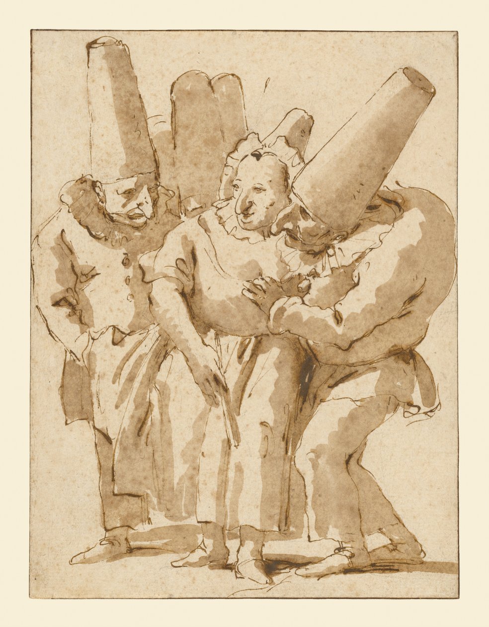 Punchinellos lähestyy naista tekijältä Giovanni Battista Tiepolo