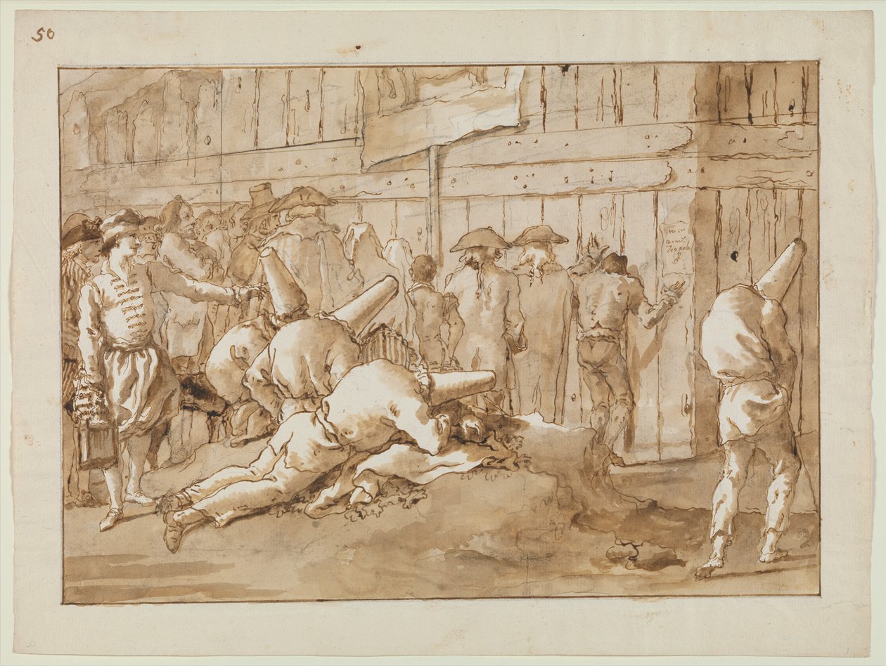 Punchinellos sirkuksen ulkopuolella, n. 1800 tekijältä Giovanni Battista Tiepolo